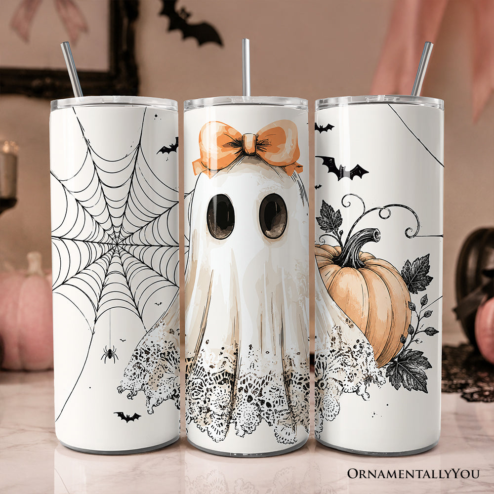 Cute Lace Ghost Coquette 20oz Personalized Tumbler With Lid and Stainless Steel Straw, Floral Vintage Halloween Gift Cup