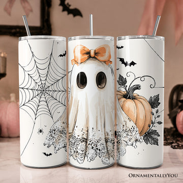 Cute Lace Ghost Coquette 20oz Personalized Tumbler With Lid and Stainless Steel Straw, Floral Vintage Halloween Gift Cup