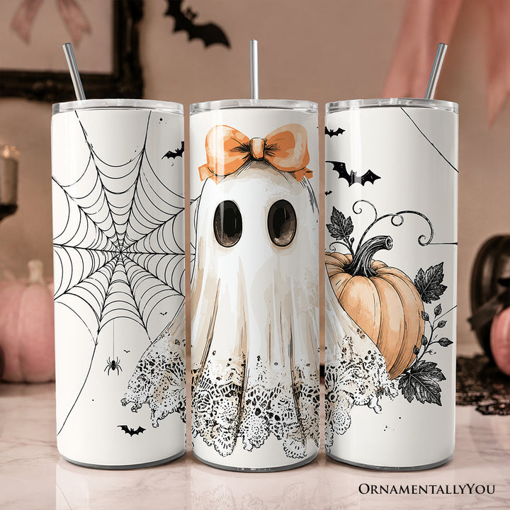 Cute Lace Ghost Coquette 20oz Personalized Tumbler With Lid and Stainless Steel Straw, Floral Vintage Halloween Gift Cup
