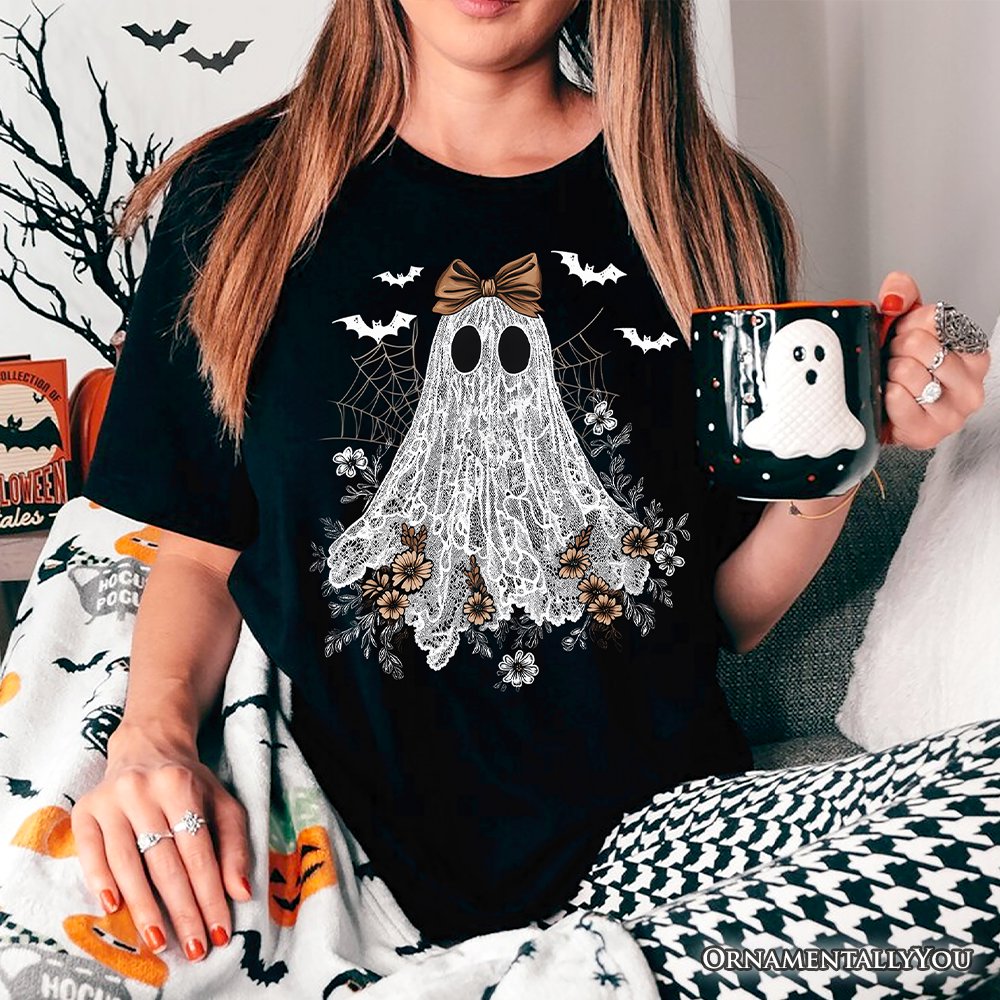 Cute Lace Ghost Coquette T-Shirt, Floral Vintage Halloween Tee T-Shirts OrnamentallyYou 