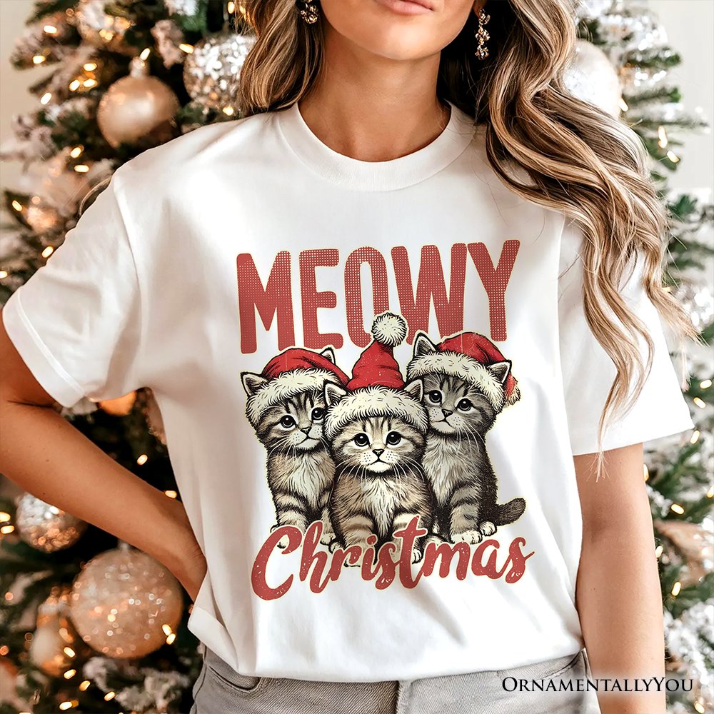 Cute Meowy Christmas T-Shirt, Baby Cat In Santa Hat Holiday Tee T-Shirts OrnamentallyYou 