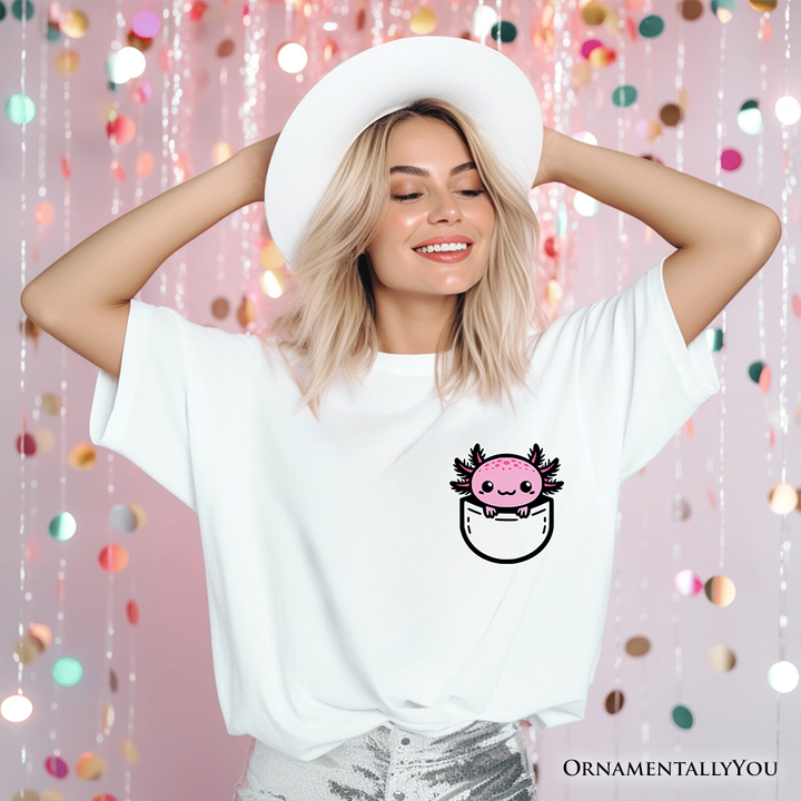 Cute Pocket Pink Axolotl T-Shirt, Salamander Animal Tee