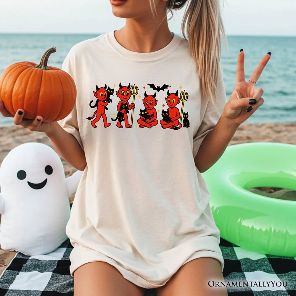 Cute Red Devils and Cats T-Shirt, Vintage Halloween Tee T-Shirts OrnamentallyYou 