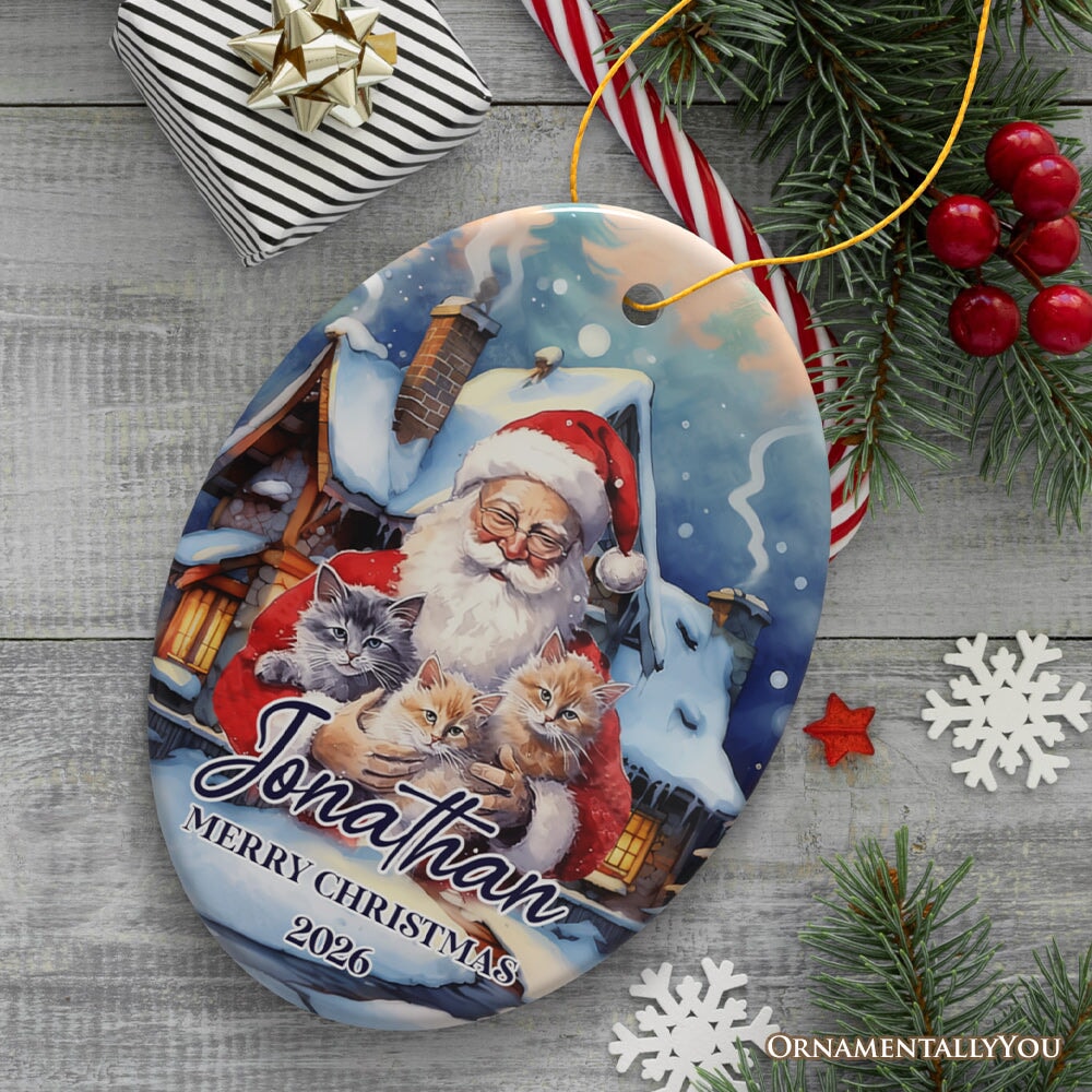 Cute Santa With Cats Personalized Ornament, Festive Christmas Gift With Custom Name and Date Ceramic Ornament OrnamentallyYou Oval 