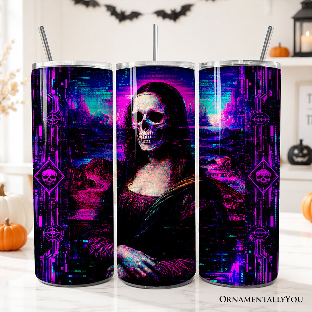 Cyberpunk Skeleton Mona Lisa Glitch 20oz Personalized Tumbler With Lid and Stainless Steel Straw, Neon Synthwave Art Gift Cup