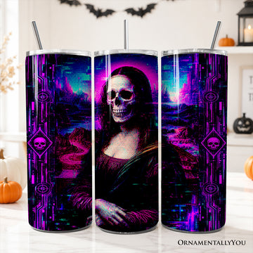 Cyberpunk Skeleton Mona Lisa Glitch 20oz Personalized Tumbler With Lid and Stainless Steel Straw, Neon Synthwave Art Gift Cup
