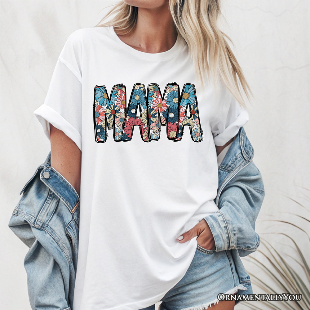Daisy Floral Mama T-Shirt, Colorful Retro White Tee for Stylish and Cheerful Women