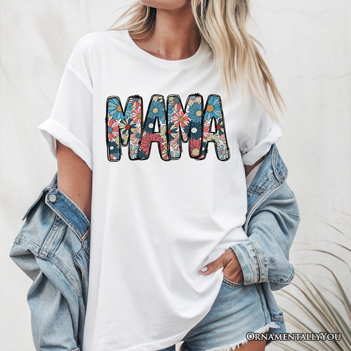 Daisy Floral Mama T-Shirt, Colorful Retro White Tee for Stylish and Cheerful Women