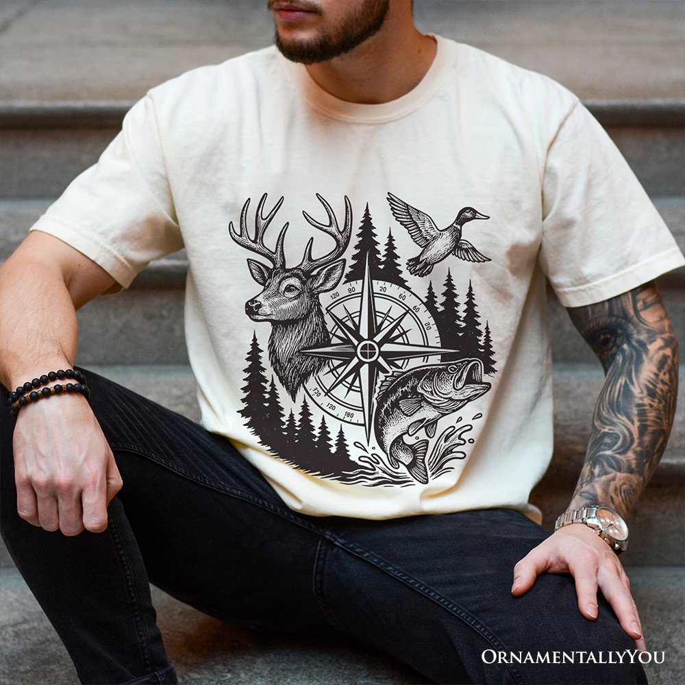 Deer Duck Fishing Hunting T-Shirt, Camo Vintage Compass Outdoors Tee T-Shirts OrnamentallyYou 