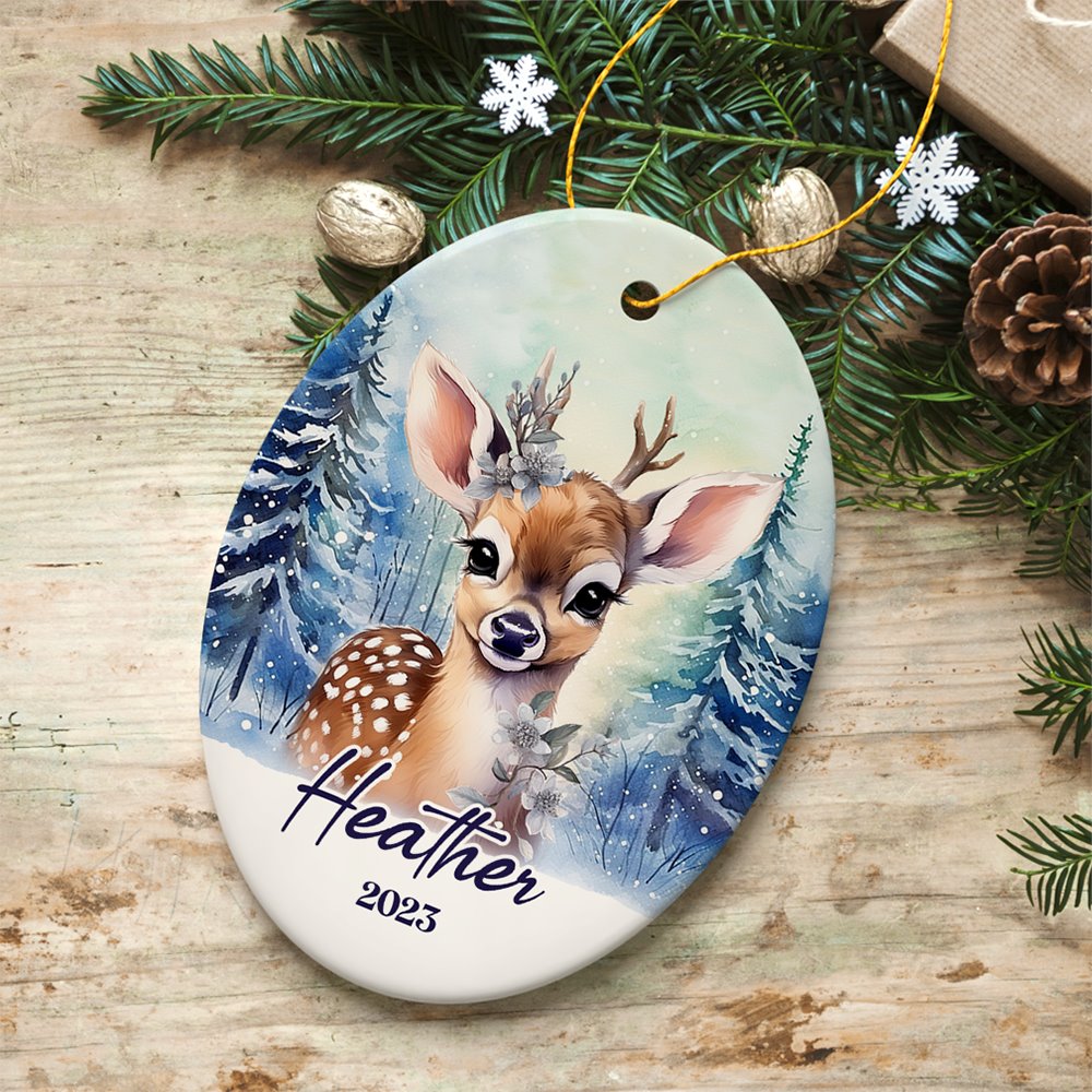 Deer Personalized Ornament, Majestic Winter Forest Christmas Gift With Custom Name and Date Ceramic Ornament OrnamentallyYou Oval 