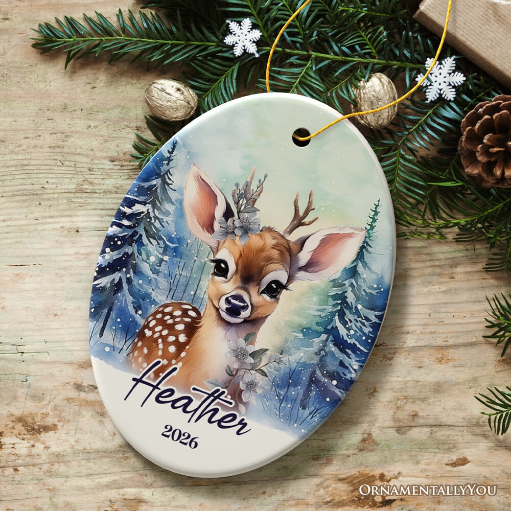 Deer Personalized Ornament, Majestic Winter Forest Christmas Gift With Custom Name and Date Ceramic Ornament OrnamentallyYou Oval 