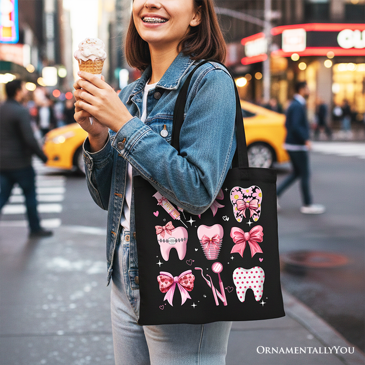 Dental Squad Coquette Canvas Tote Bag, Pink Teeth Dentist Life Bow Gift Shopper