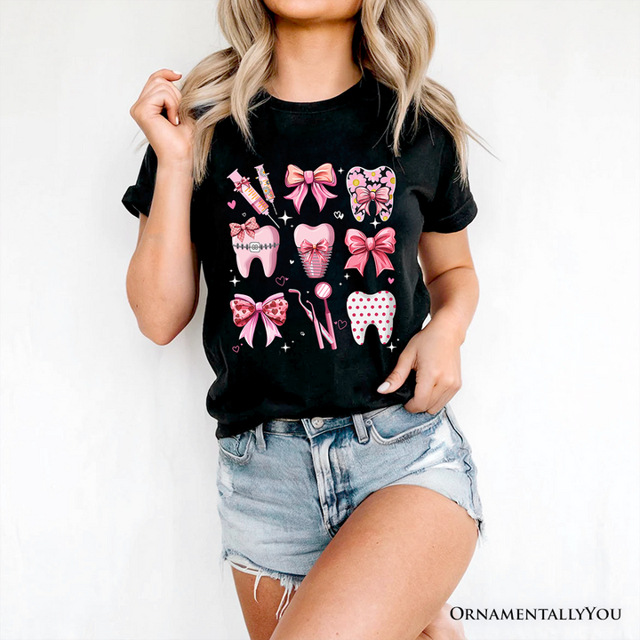 Dental Squad Coquette T-Shirt, Pink Teeth Dentist Life Bow Tee