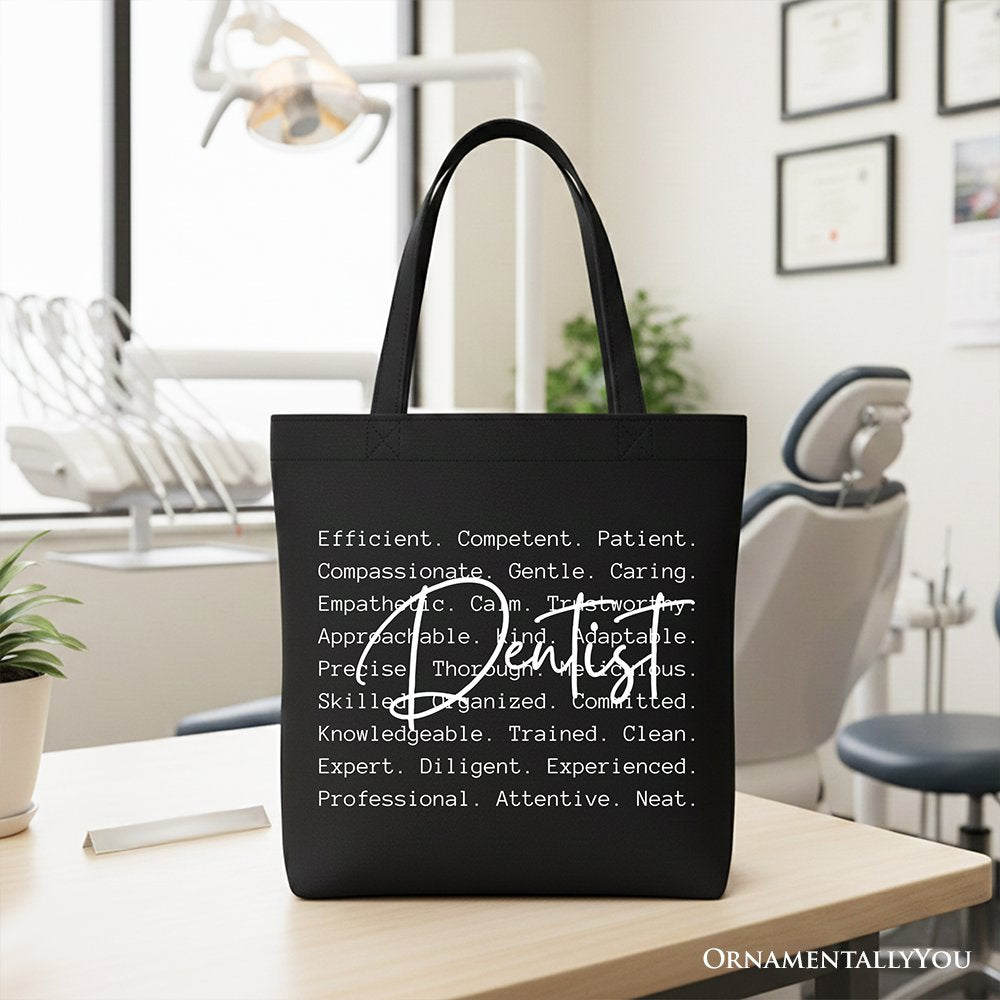 Dentist Definition Canvas Tote Bag, Dental Appreciation Words Gift Shopper Tote Bag OrnamentallyYou Black 