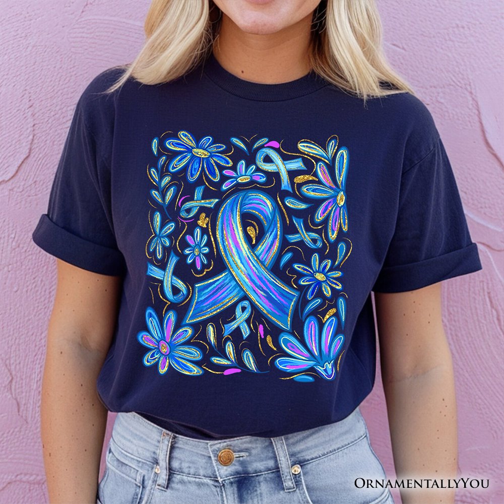Diabetes Blue Ribbon Floral T-Shirt, Awareness Support Tee T-Shirts OrnamentallyYou 