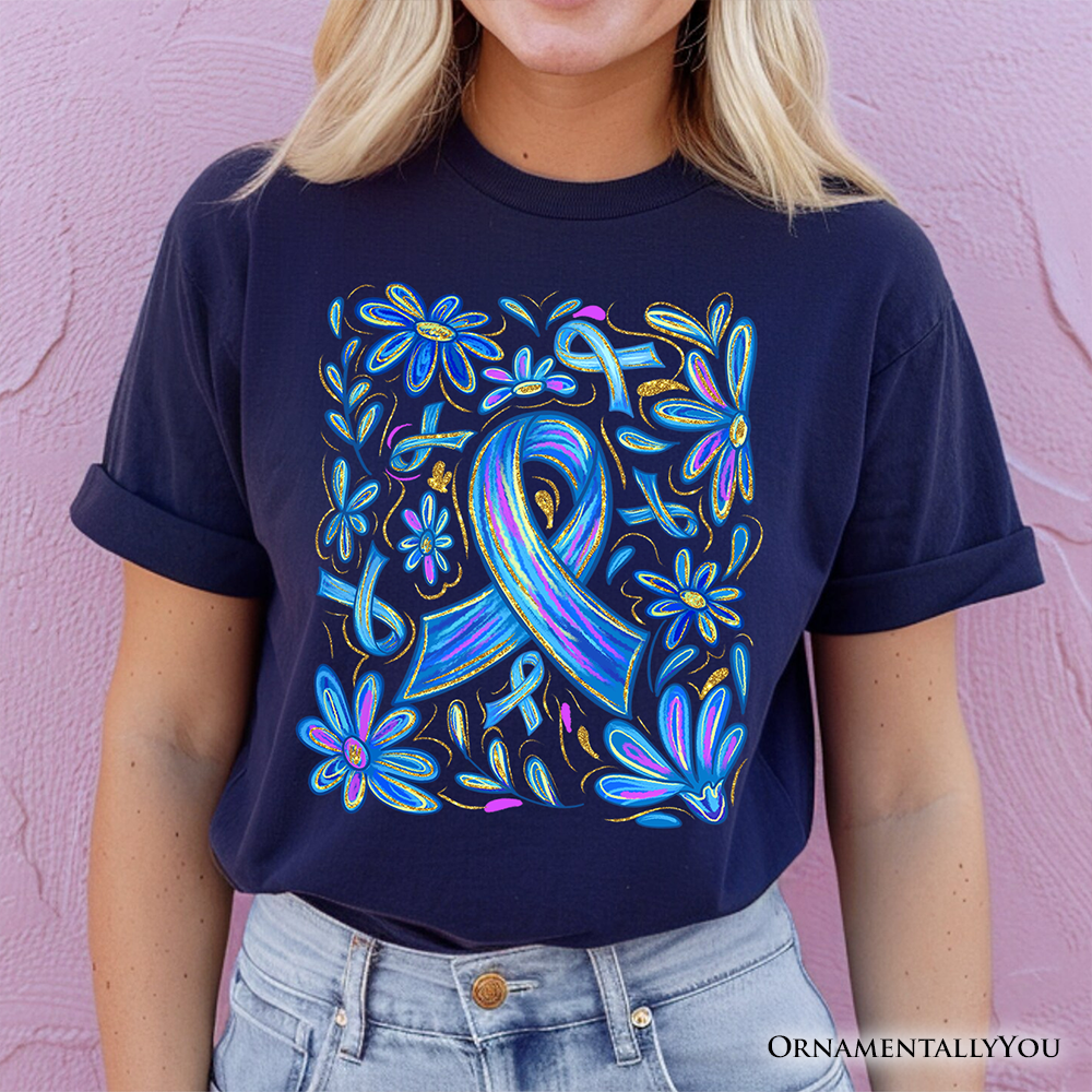 Diabetes Blue Ribbon Floral T-Shirt, Awareness Support Tee