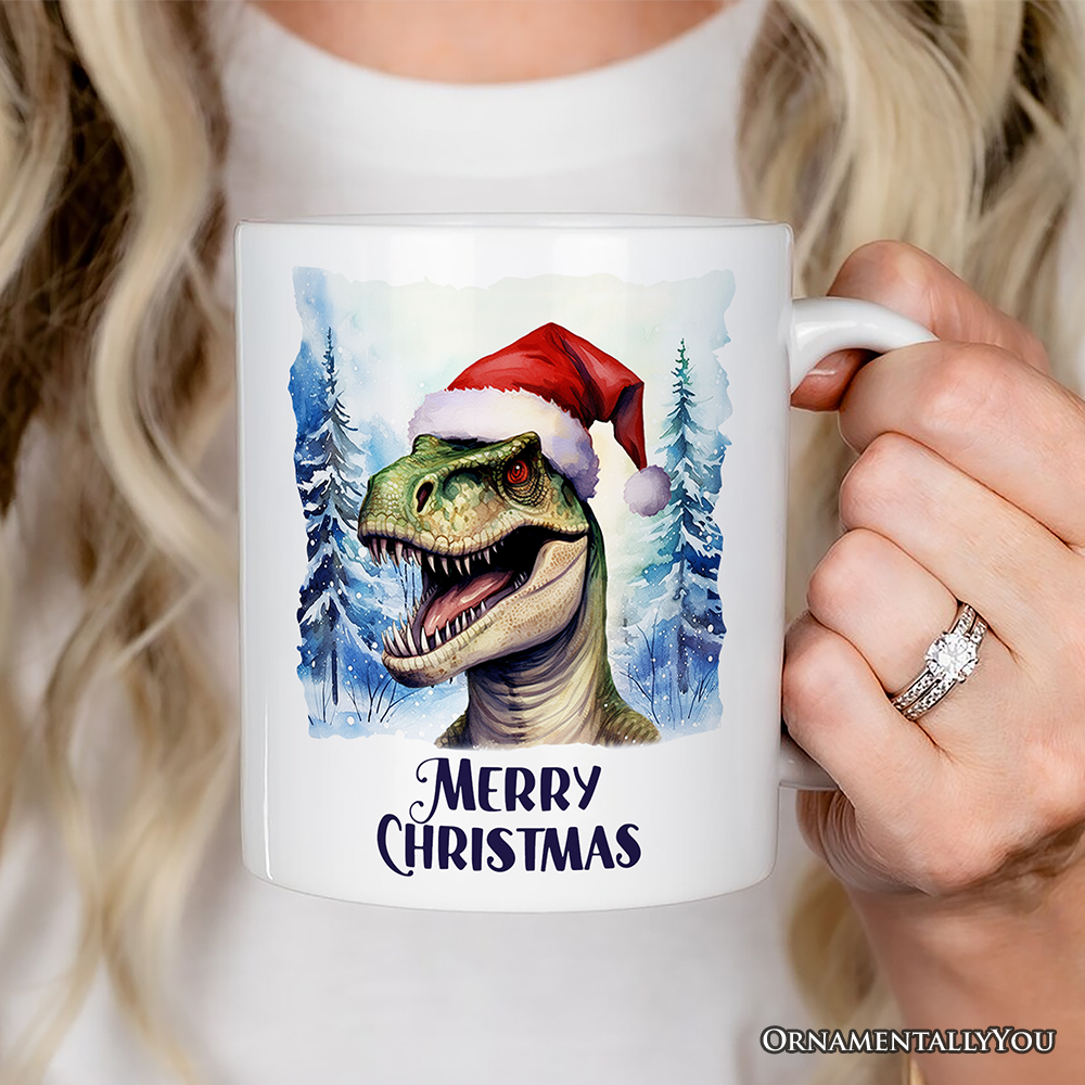 Dinosaur with Santa Hat Personalized Mug, Winter Forest Christmas Gift With Custom Name and Date