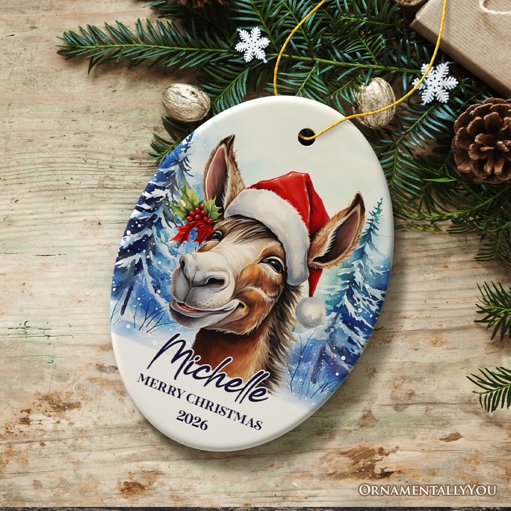 Donkey with Santa Hat Personalized Ornament, Winter Forest Christmas Gift With Custom Name and Date Ceramic Ornament OrnamentallyYou Oval 