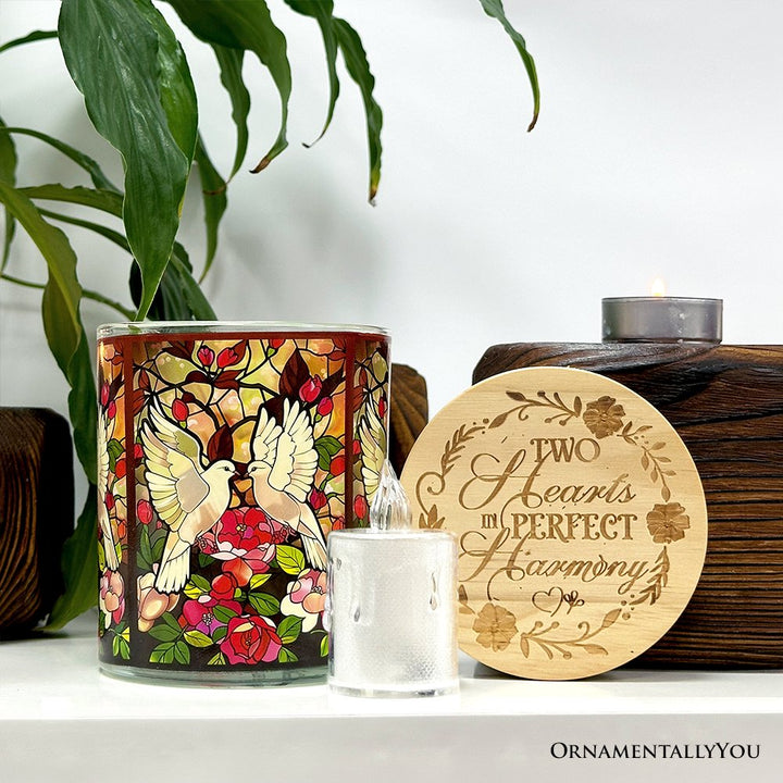 Doves Faux Stained Glass LED Tea Light Candle, Graceful Bird Tabletop Decor With Soft Glow Candles OrnamentallyYou 