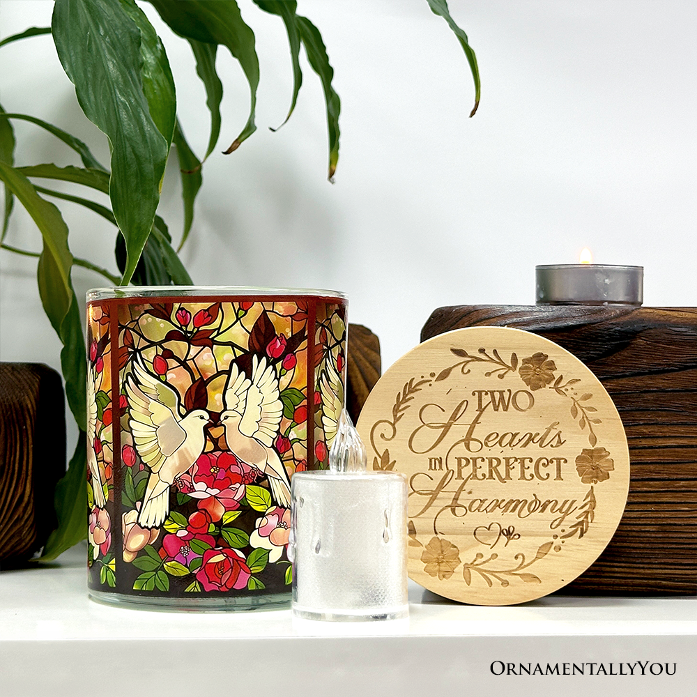 Doves Faux Stained Glass LED Tea Light Candle, Graceful Bird Tabletop Decor With Soft Glow