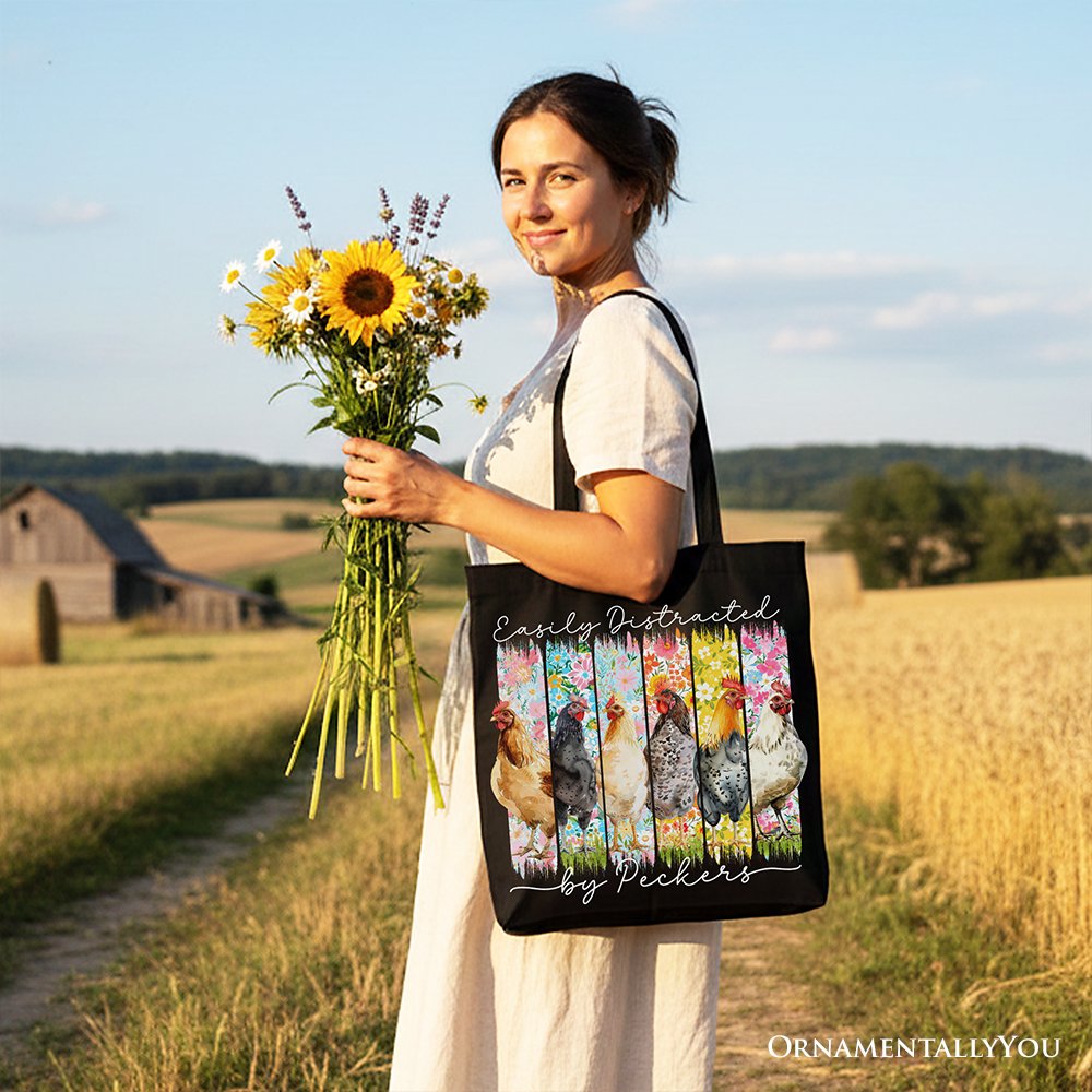 Easily Distracted by Peckers Chicken Farm Canvas Tote Bag, Funny Floral Farmlife Brushstroke Gift Shopper Tote Bag OrnamentallyYou 