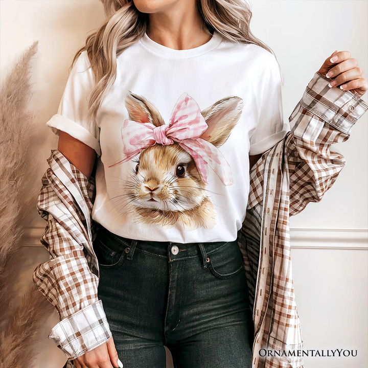 Easter Bunny Coquette Pink Bow T-Shirt, Cute Watercolor Spring Tee