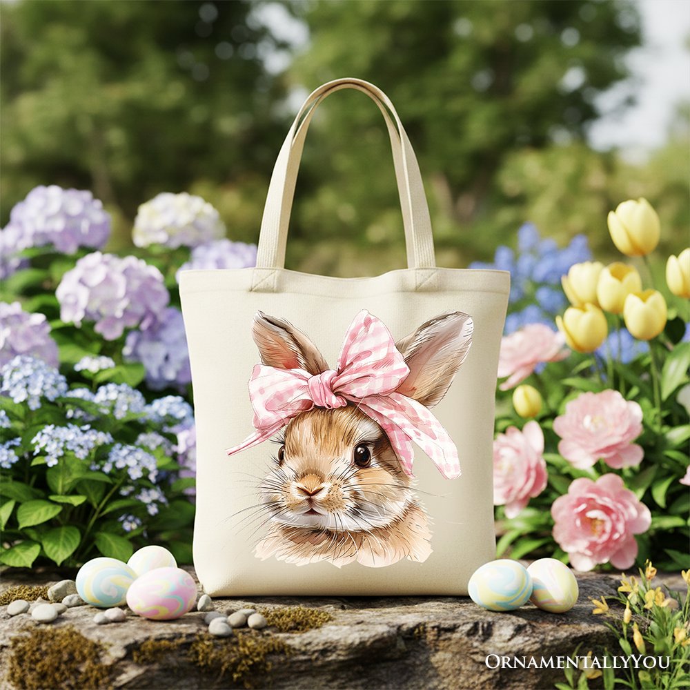Easter Bunny Coquette Pink Bow Tote Bag, Cute Watercolor Gift Shopper Tote Bag OrnamentallyYou Beige 