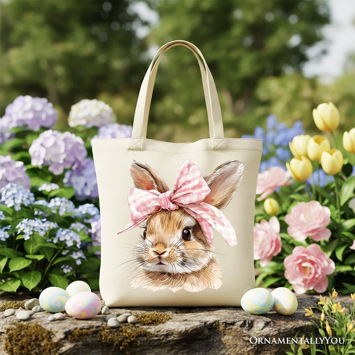 Easter Bunny Coquette Pink Bow Tote Bag, Cute Watercolor Gift Shopper Tote Bag OrnamentallyYou Beige 