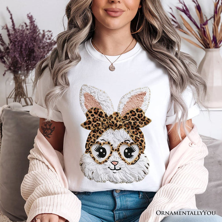 Easter Bunny Leopard Bow T-Shirt, Coquette Printed Faux Embroidery Girly Spring Tee T-Shirts OrnamentallyYou 