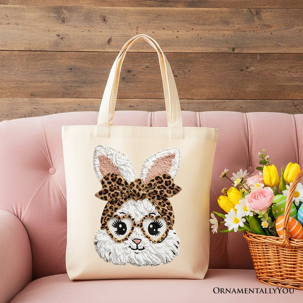 Easter Bunny Leopard Bow Tote Bag, Coquette Printed Faux Embroidery Girly Spring Gift Shopper Tote Bag OrnamentallyYou Beige 