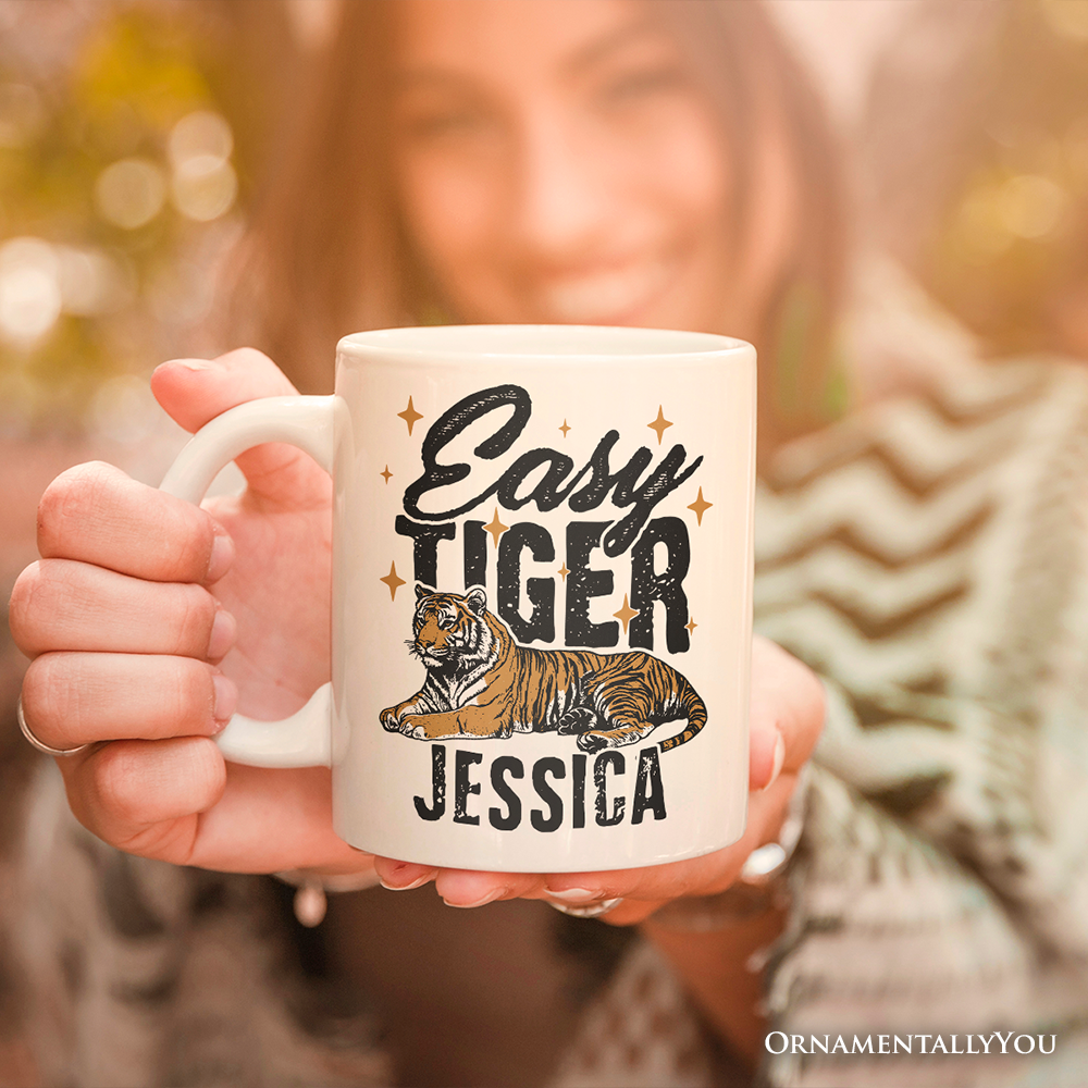 Easy Tiger Personalized Mug, Vintage Wild Animal Retro Grunge Gift With Custom Name