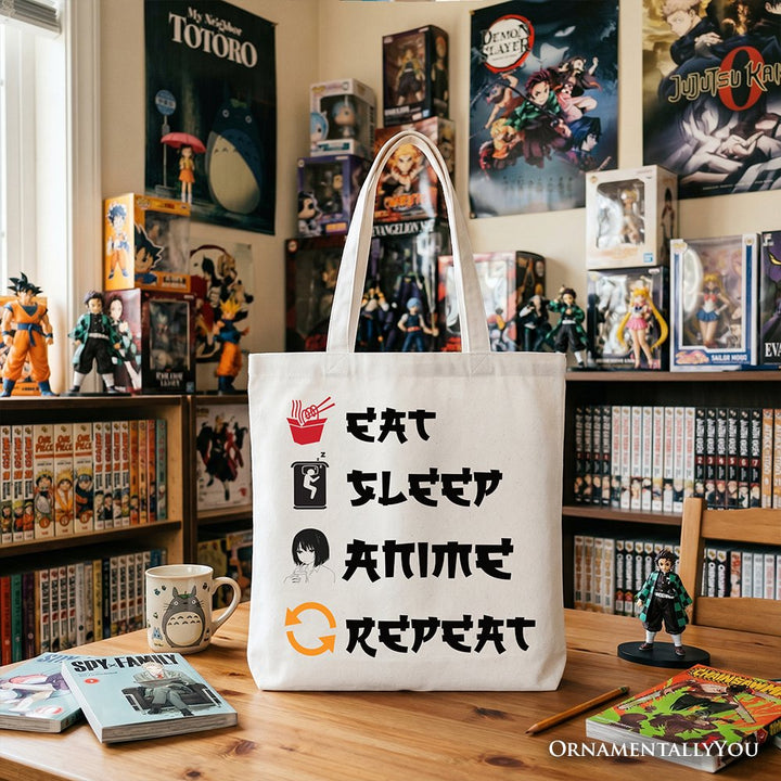 Eat Sleep Anime Repeat Tote Bag, Funny Gift Shopper For Anime Lover Tote Bag OrnamentallyYou White 