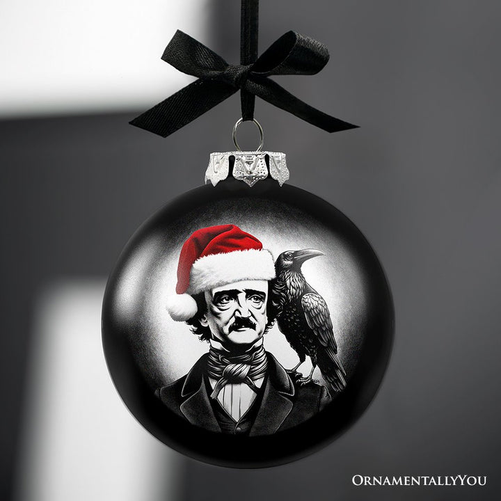 (Pre-Order) Edgar Allan Poe Spooky Christmas Portrait Glass Ornament, Black Horror Halloween Tree Decoration Round Glass Ball Ornament OrnamentallyYou 