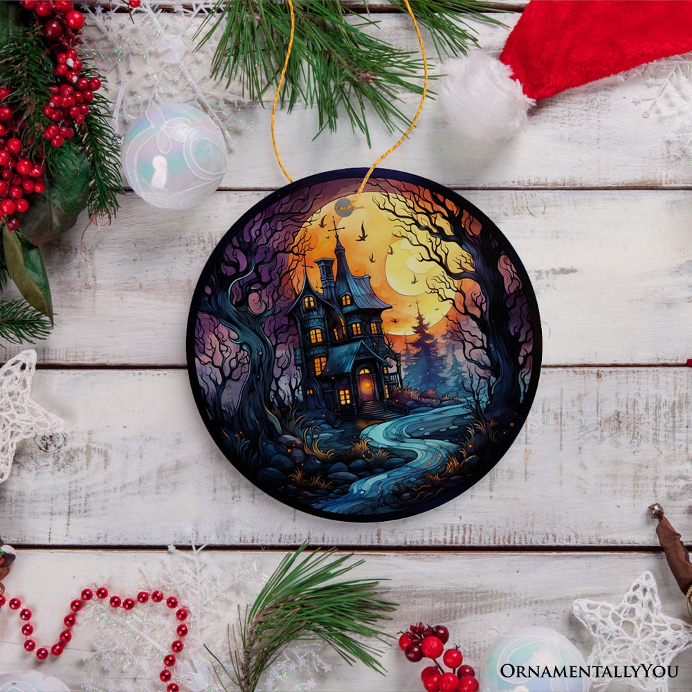 Eerie Abode Amidst Spooky Trees Stained Glass Style Ceramic Ornament, Halloween Themed Christmas Gift and Decor Ceramic Ornament OrnamentallyYou 