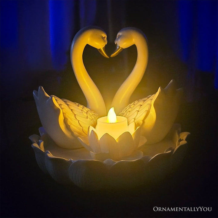 Elegance in Union Swan Figurine and Tealight Candle, 7" Romantic Couples Gift for Valentine or Anniversary Resin Statues OrnamentallyYou 