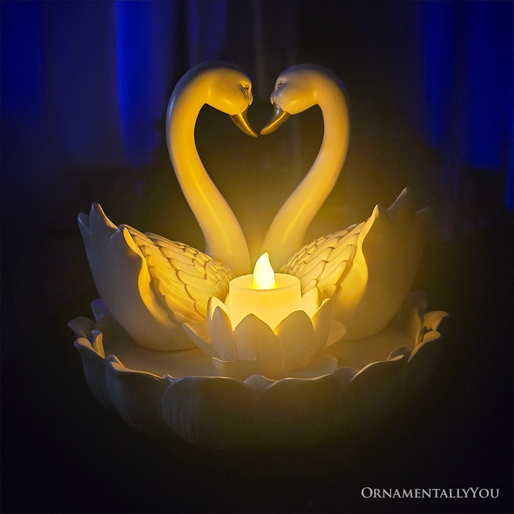 Elegance in Union Swan Figurine and Tealight Candle, 7" Romantic Couples Gift for Valentine or Anniversary