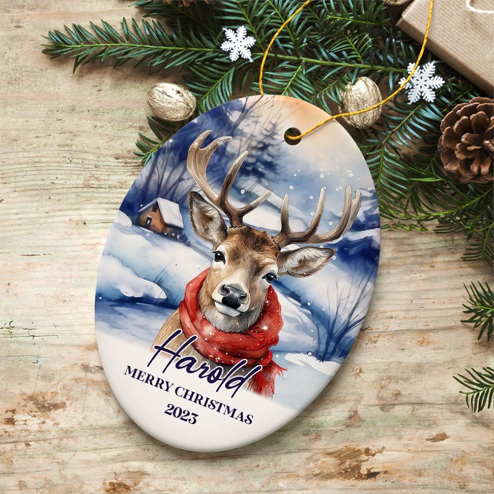 Elegant Deer Personalized Ornament, Winter Forest Christmas Gift With Custom Name and Date Ceramic Ornament OrnamentallyYou Oval 