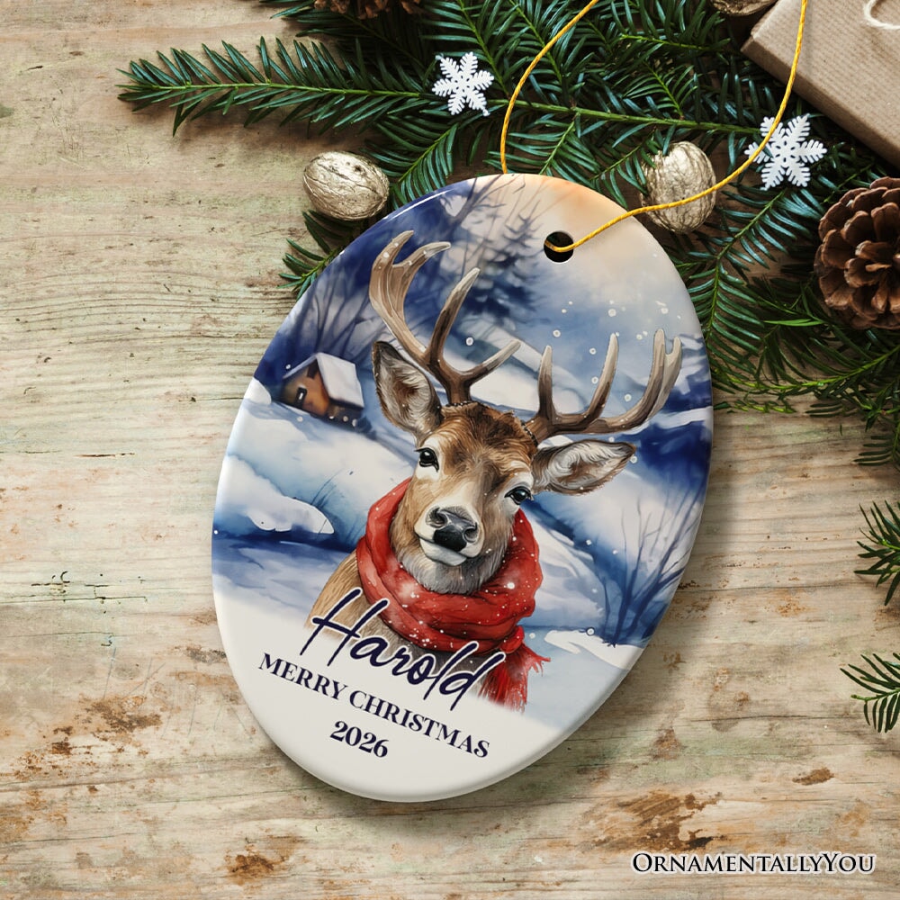 Elegant Deer Personalized Ornament, Winter Forest Christmas Gift With Custom Name and Date Ceramic Ornament OrnamentallyYou Oval 