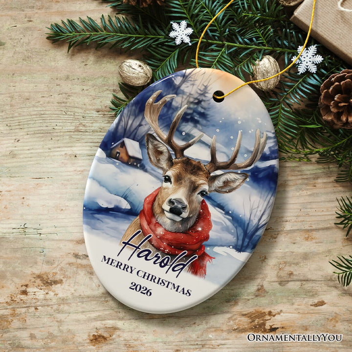 Elegant Deer Personalized Ornament, Winter Forest Christmas Gift With Custom Name and Date Ceramic Ornament OrnamentallyYou Oval 