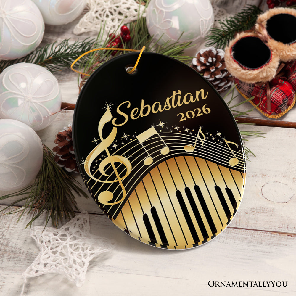 Elegant Gold Music Note Piano Keys Personalized Ornament, Customizable Music Teacher Student Keepsake Gift