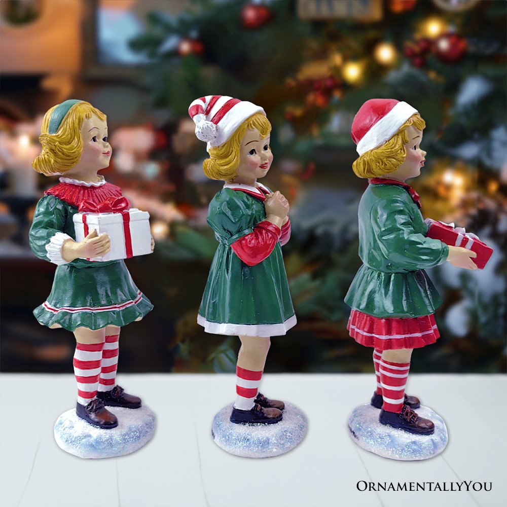 (Pre-Order) Elegant Victorian Christmas Girl Set of Three Figurines, 6" Holiday Home Decor Resin Statues OrnamentallyYou 