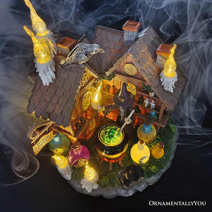 Enchanted Witch Cottage Lighted Figurine, 10" LED Halloween Decor Statue with Cauldrons and Ravens Resin Statues OrnamentallyYou 