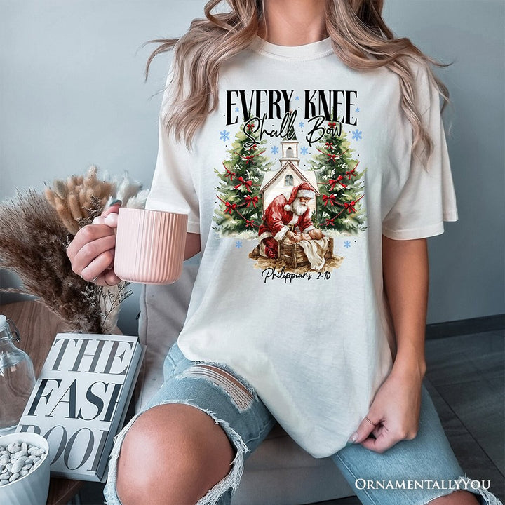 Every Knee Shall Bow Nativity Santa T-Shirt, Jesus Philippians 2:10 Christian Christmas Tee T-Shirts OrnamentallyYou 