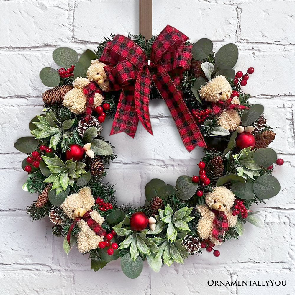 (Pre-Order) Exquisite Plaid Bow and Bears 20" Christmas Wreath, Holiday Door Decoration Wreath OrnamentallyYou 