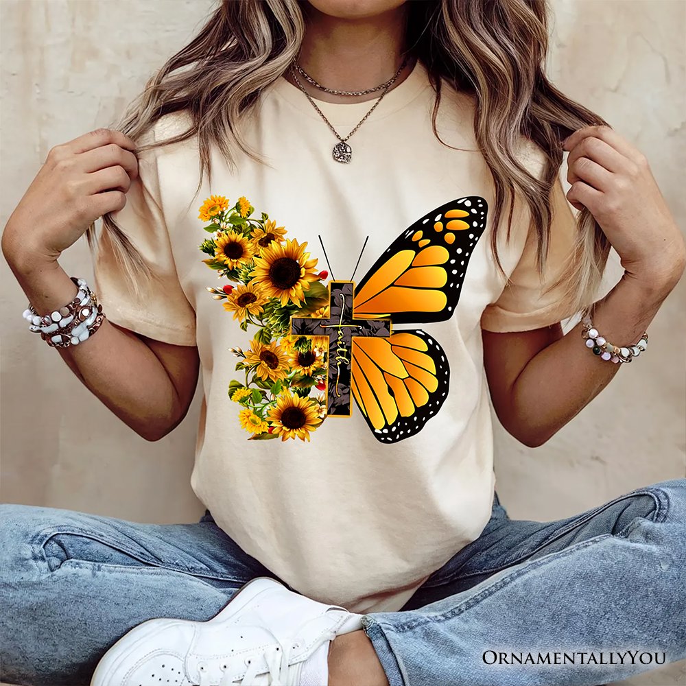 Faith Cross Butterfly T-Shirt, Christian Sunflower Floral Tee T-Shirts OrnamentallyYou 