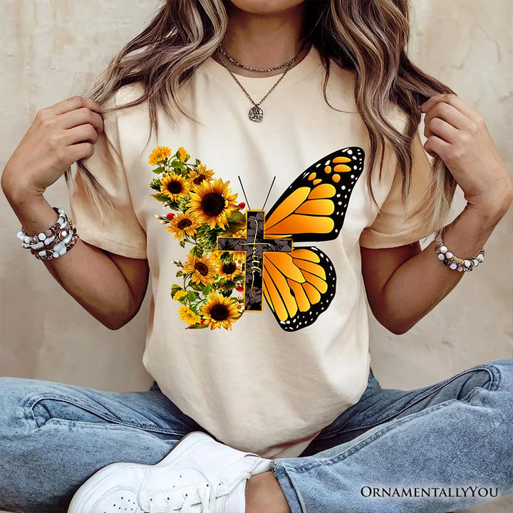 Faith Cross Butterfly T-Shirt, Christian Sunflower Floral Tee T-Shirts OrnamentallyYou 