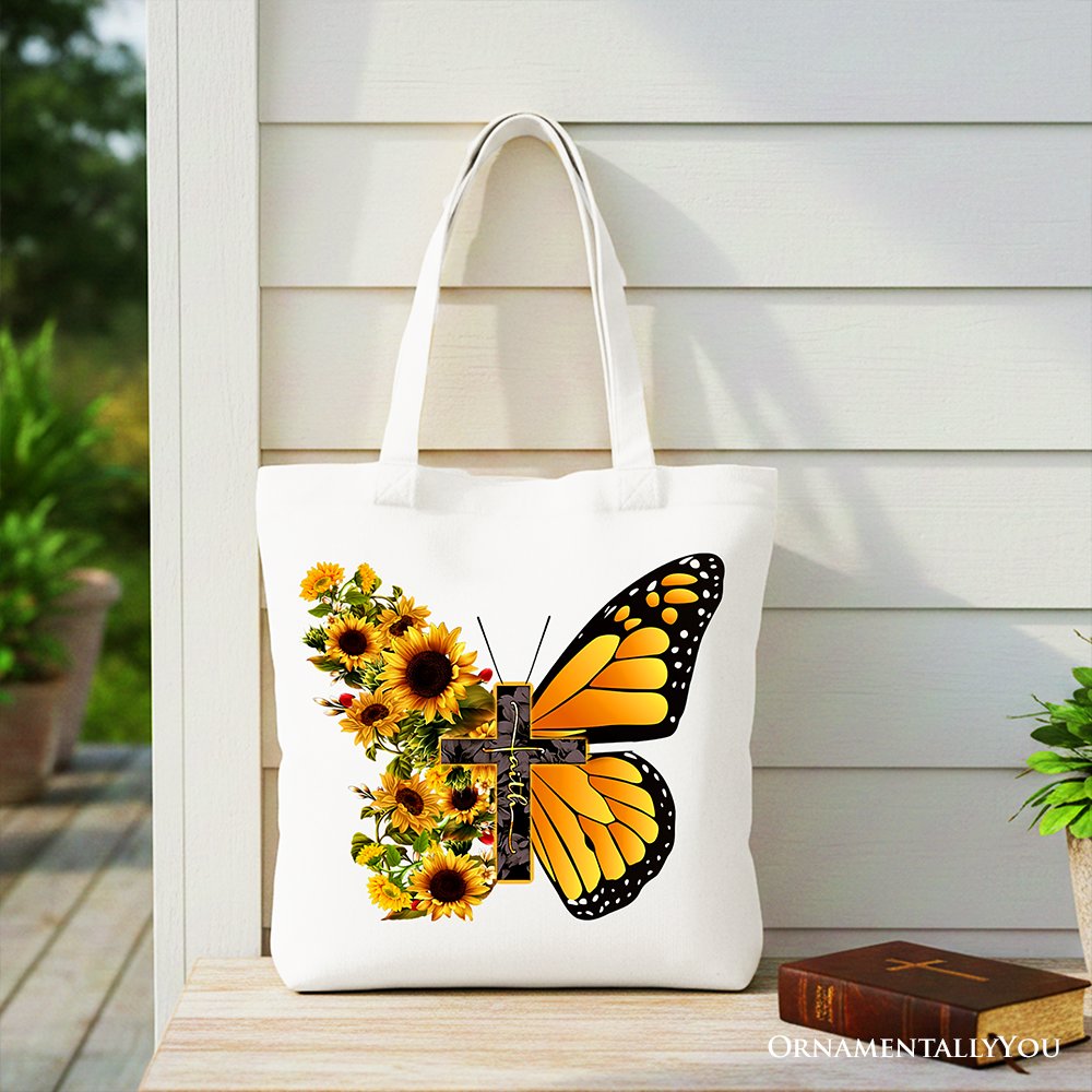 Faith Cross Butterfly Tote Bag, Christian Sunflower Floral Gift Shopper Tote Bag OrnamentallyYou White 