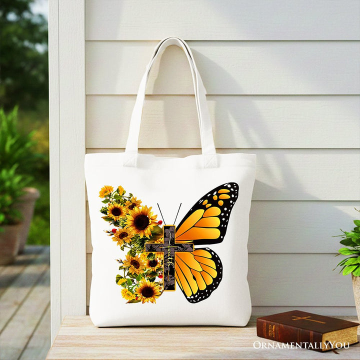 Faith Cross Butterfly Tote Bag, Christian Sunflower Floral Gift Shopper Tote Bag OrnamentallyYou White 