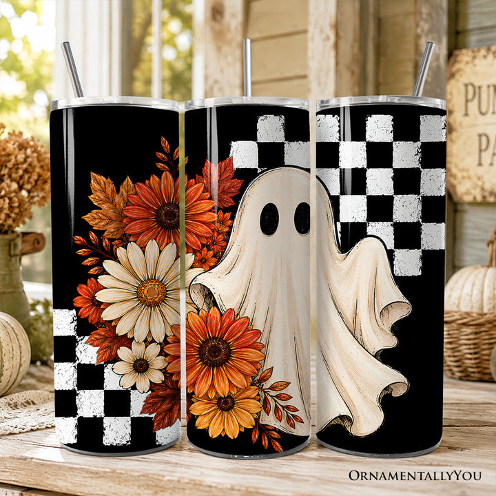 Fall Ghost Checkerboard 20oz Personalized Tumbler With Lid and Stainless Steel Straw, Floral Halloween Season Gift Cup
