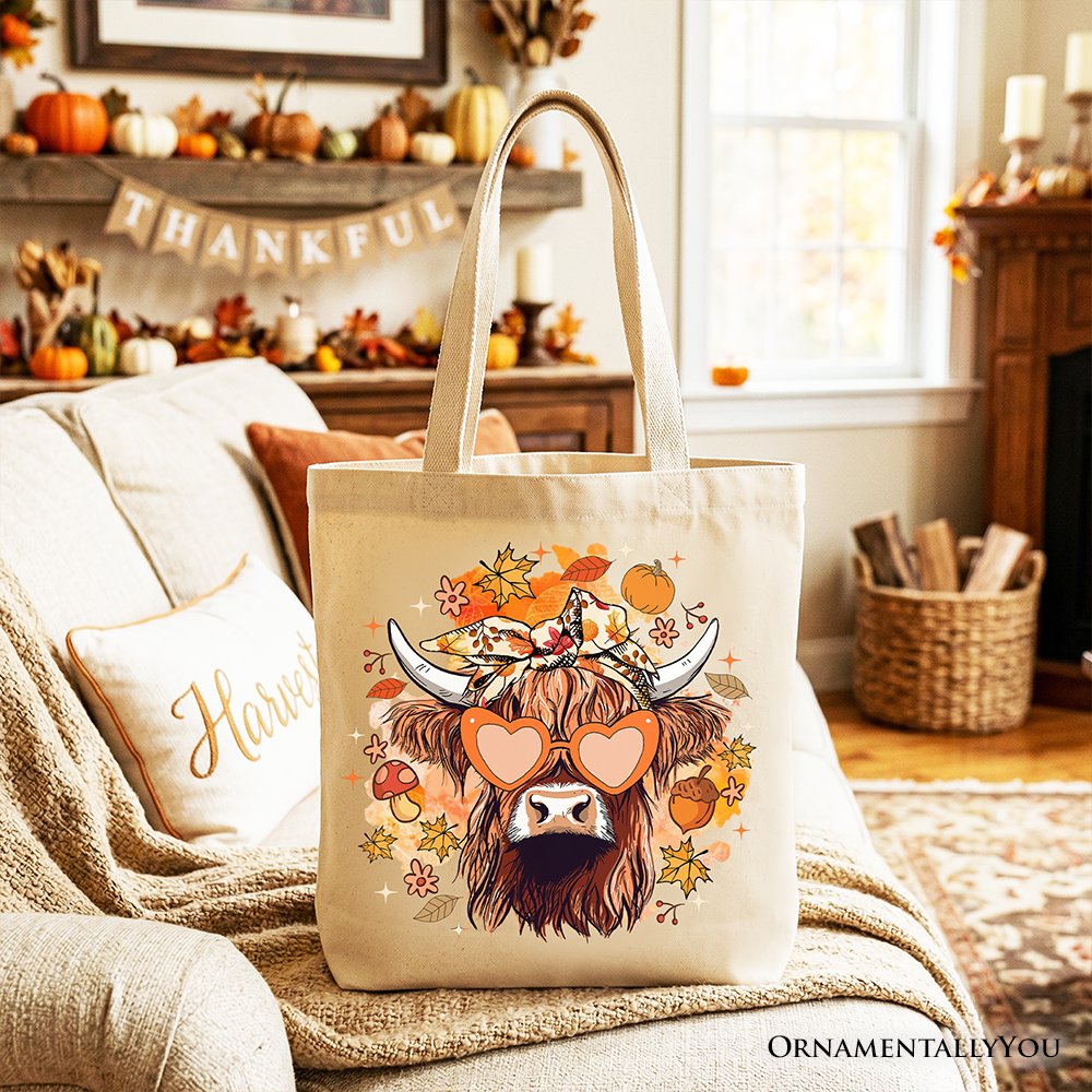 Fall Highland Cow Tote Bag, Messy Bun Howdy Gift Shopper with Autumn Vibes Tote Bag OrnamentallyYou Beige 